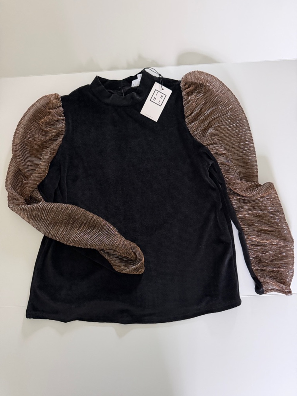 THML Black Top with Metallic Bronze Pleated Puff Sleeves